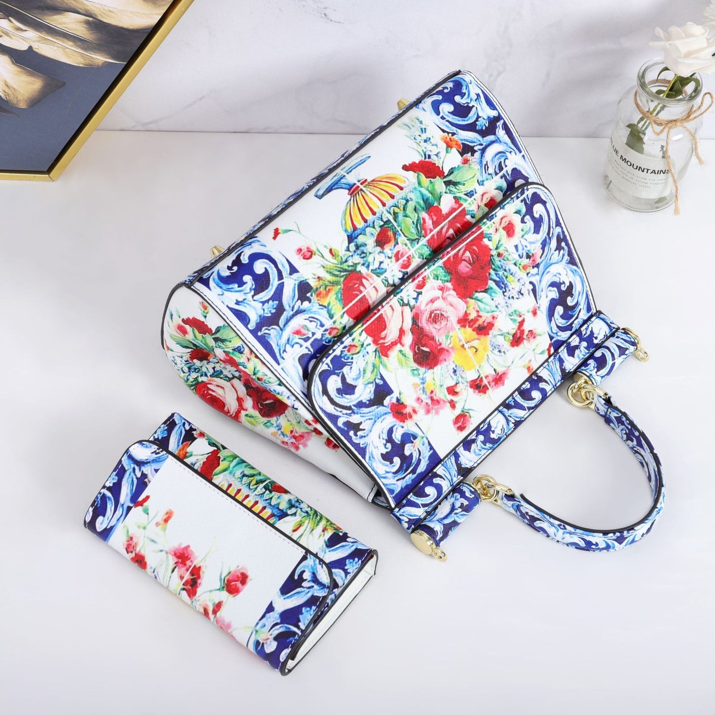 Two Pieces Set Flowery Hand Bags (Get one more wallet as a freebie)