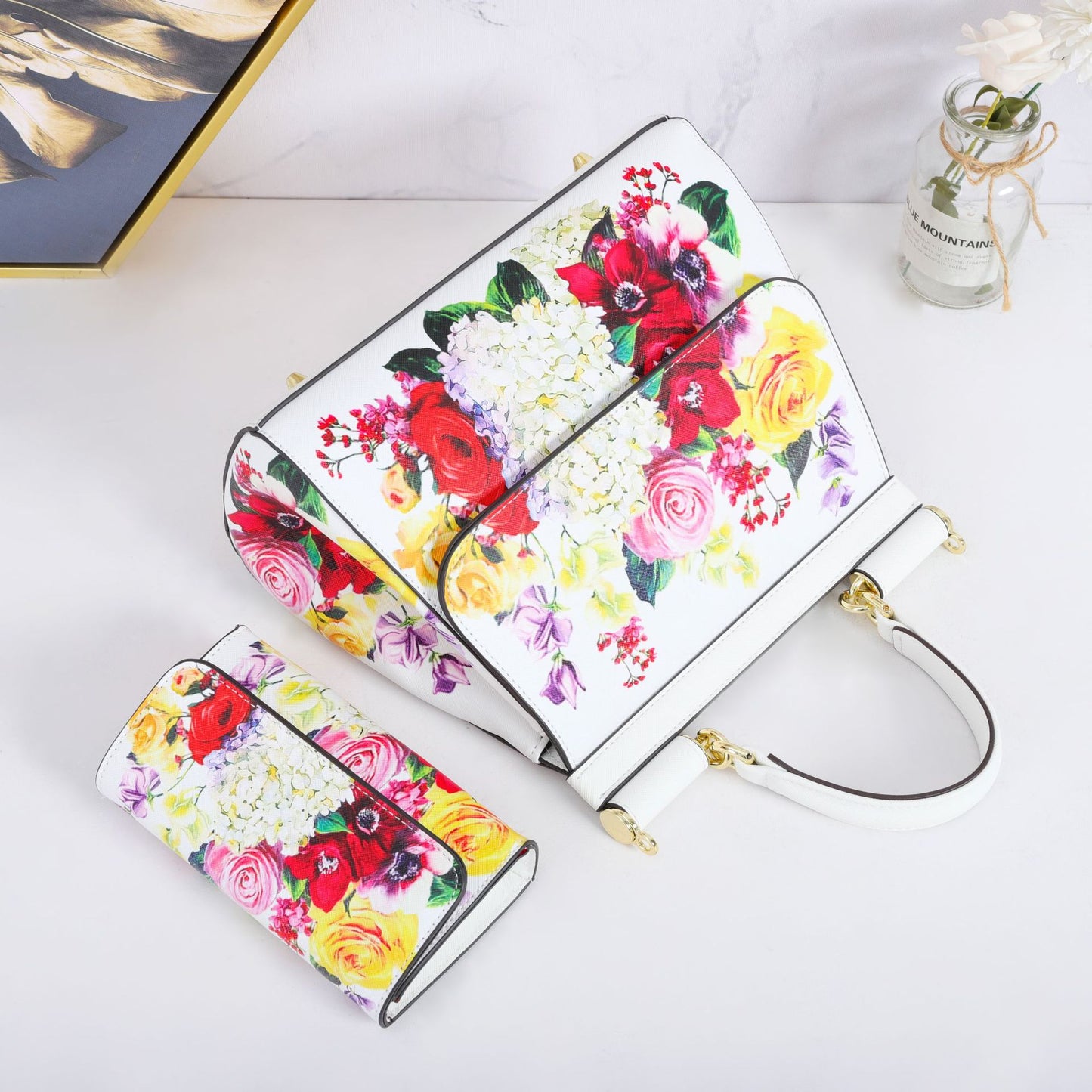 Two Pieces Set Flowery Hand Bags (Get one more wallet as a freebie)