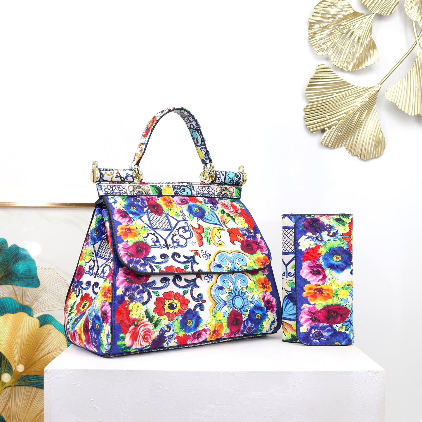 Two Pieces Set Flowery Hand Bags (Get one more wallet as a freebie)