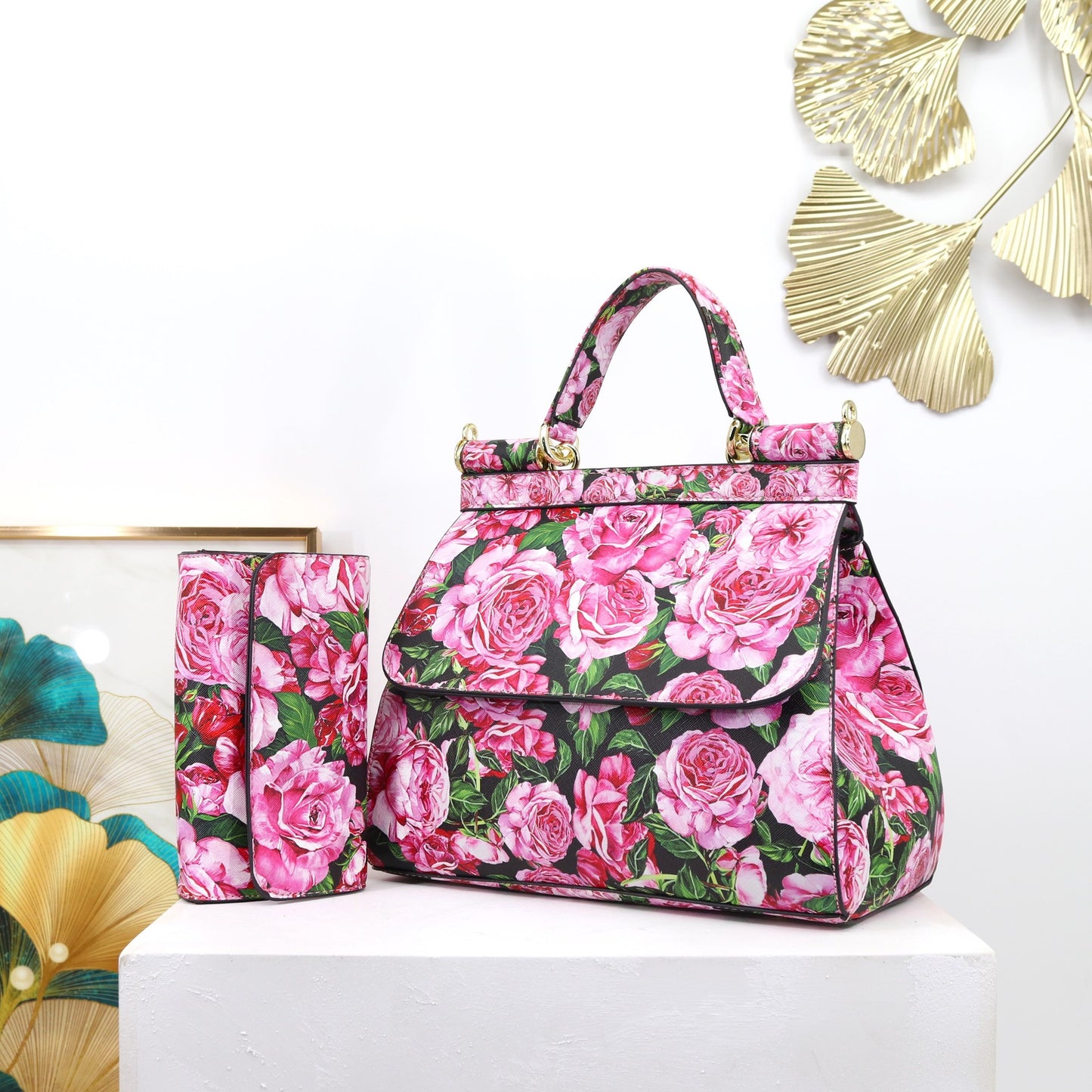 Two Pieces Set Flowery Hand Bags (Get one more wallet as a freebie)