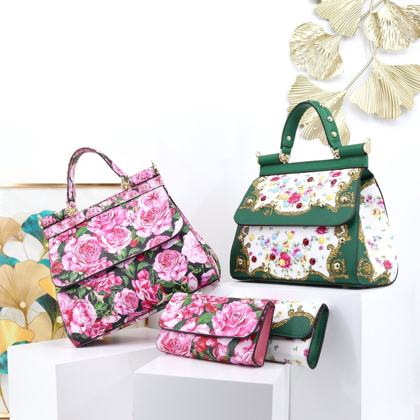 Two Pieces Set Flowery Hand Bags (Get one more wallet as a freebie)