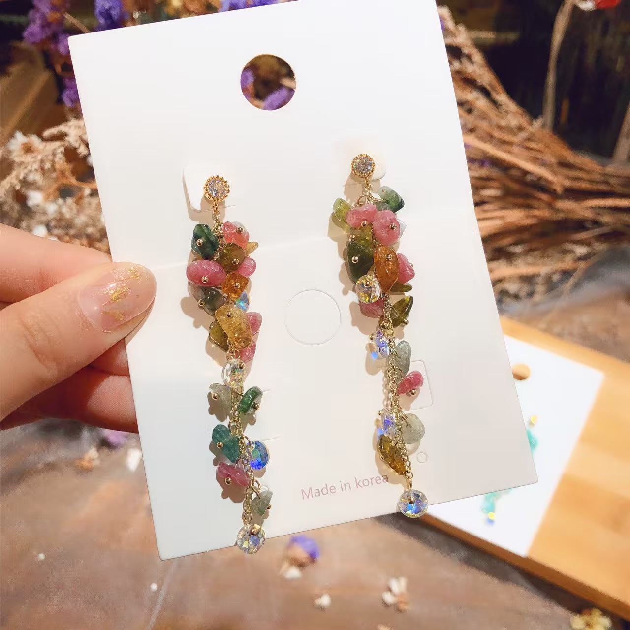 E-001 Handmade Natural Amazonite & Tourmaline Dangling Earrings
