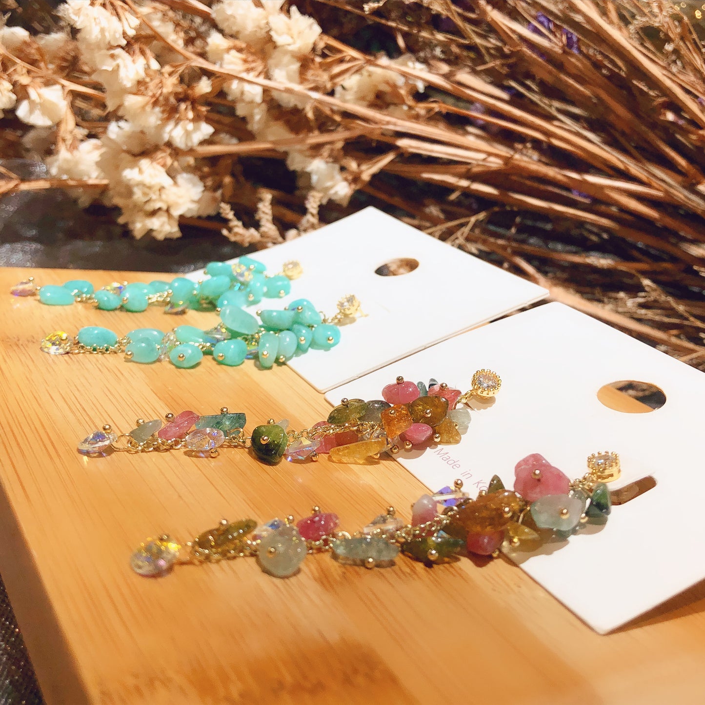 E-001 Handmade Natural Amazonite & Tourmaline Dangling Earrings