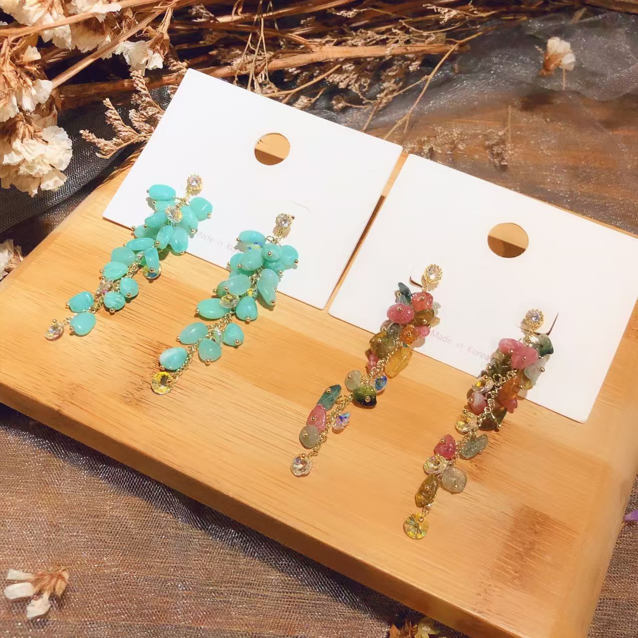 E-001 Handmade Natural Amazonite & Tourmaline Dangling Earrings