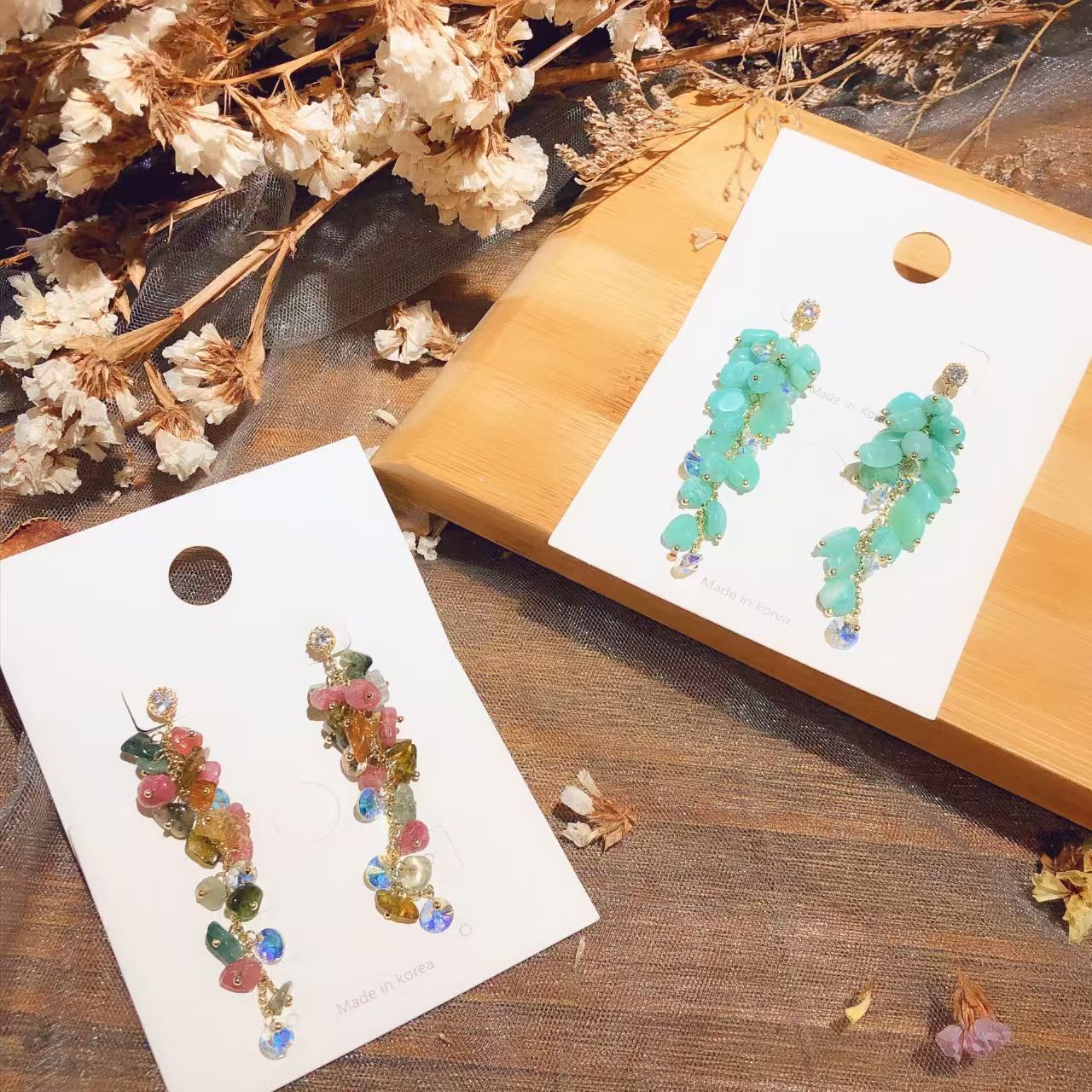 E-001 Handmade Natural Amazonite & Tourmaline Dangling Earrings