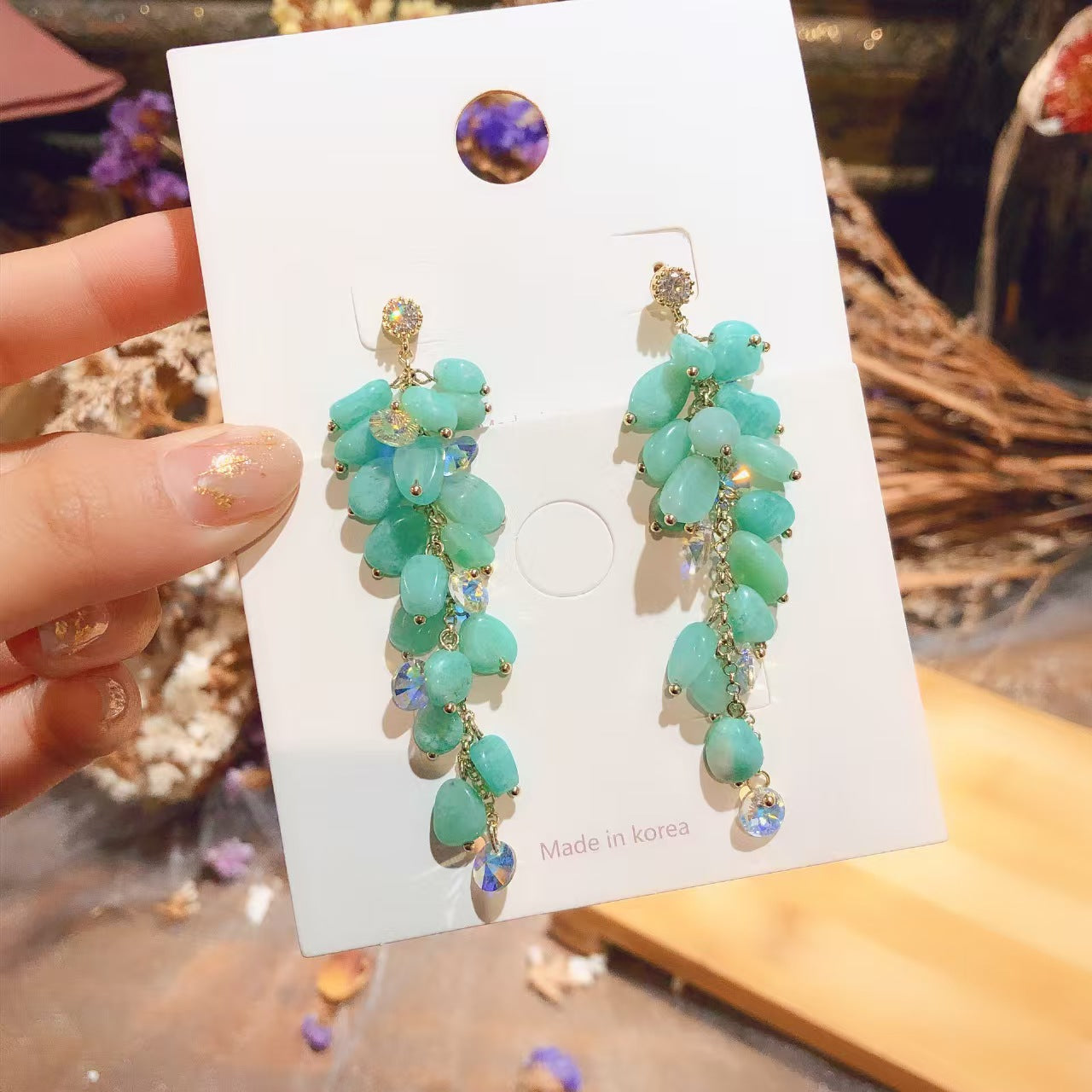 E-001 Handmade Natural Amazonite & Tourmaline Dangling Earrings