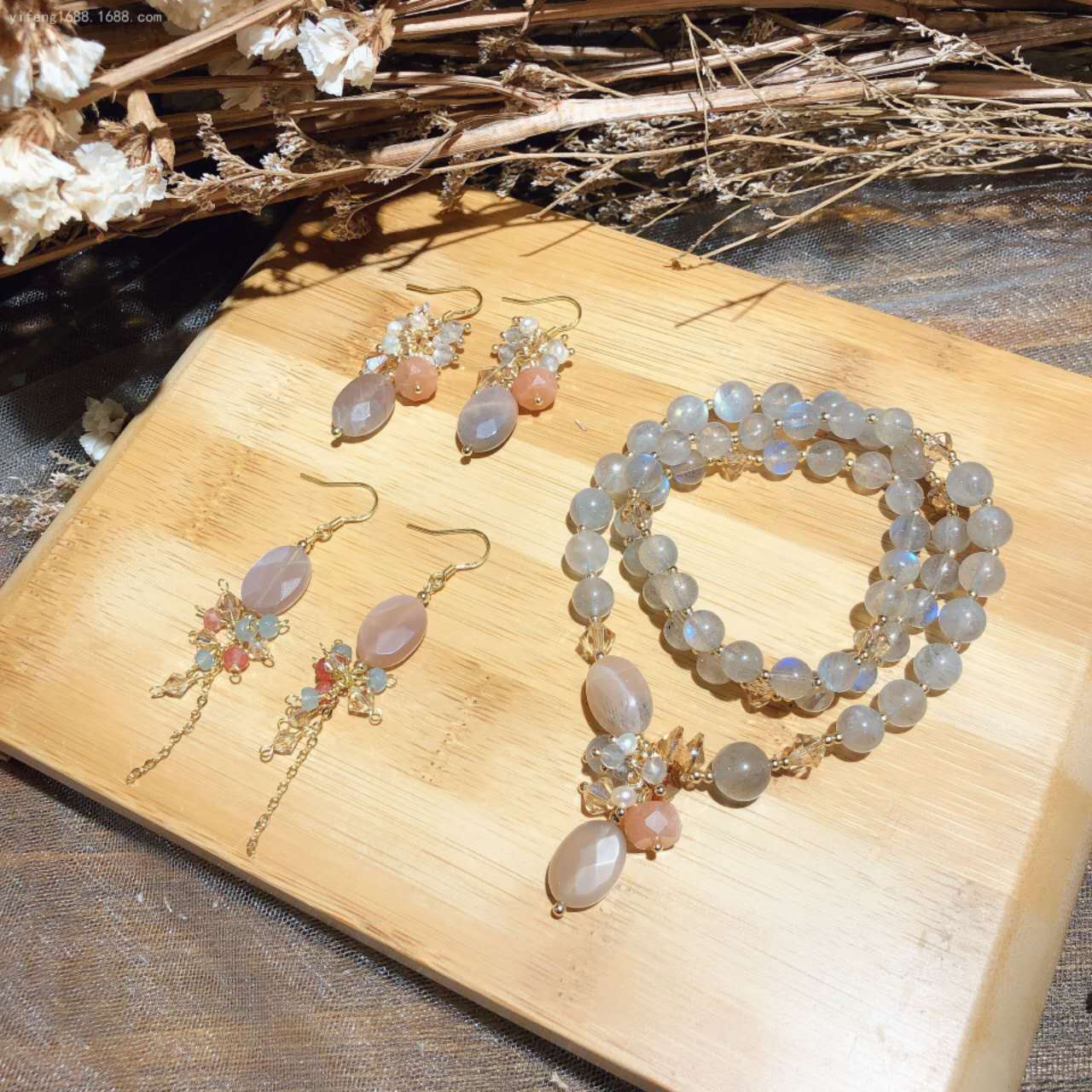 Natural Gray Moon Stone&Austrian Crystal Bracelet Earrings Set