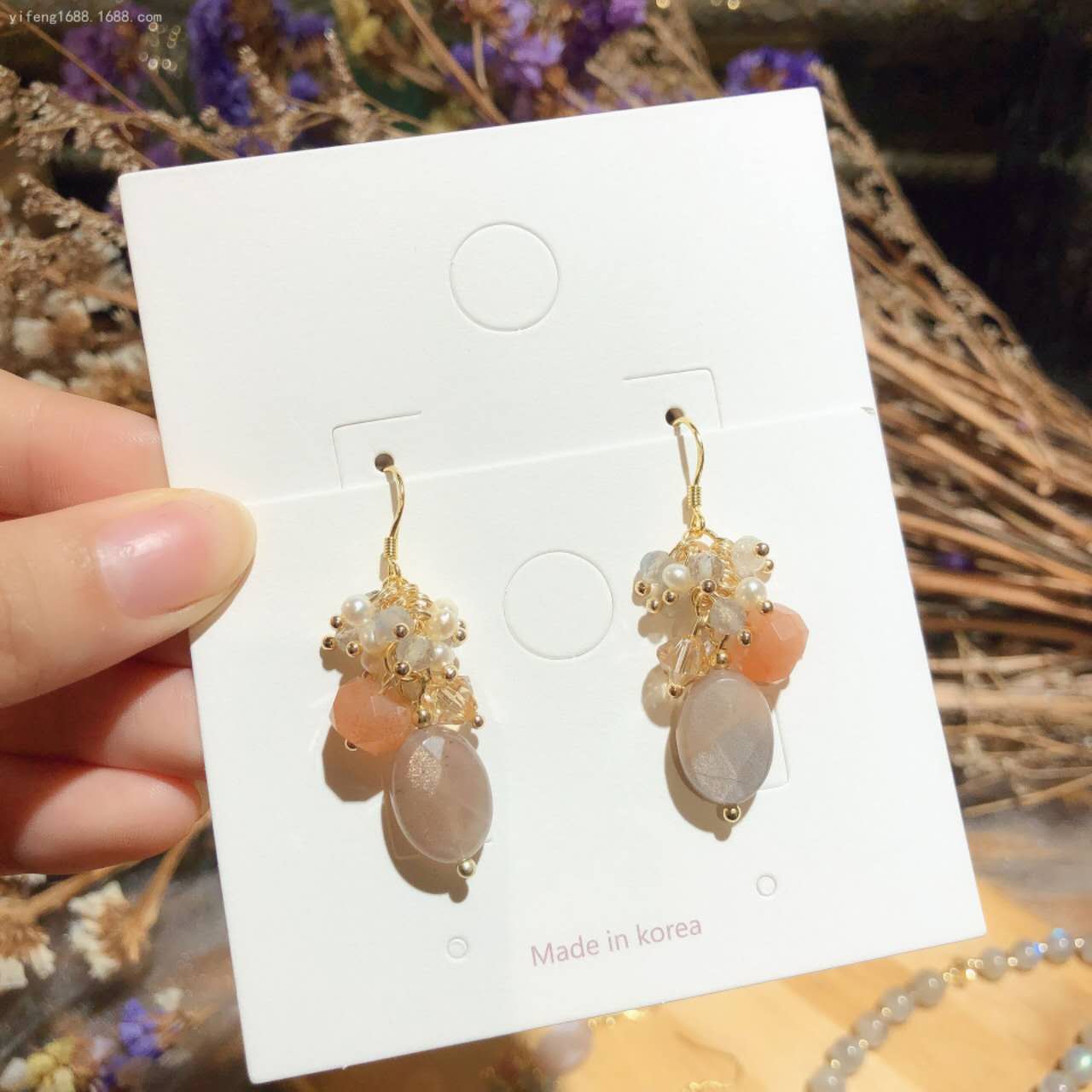 Natural Gray Moon Stone&Austrian Crystal Bracelet Earrings Set