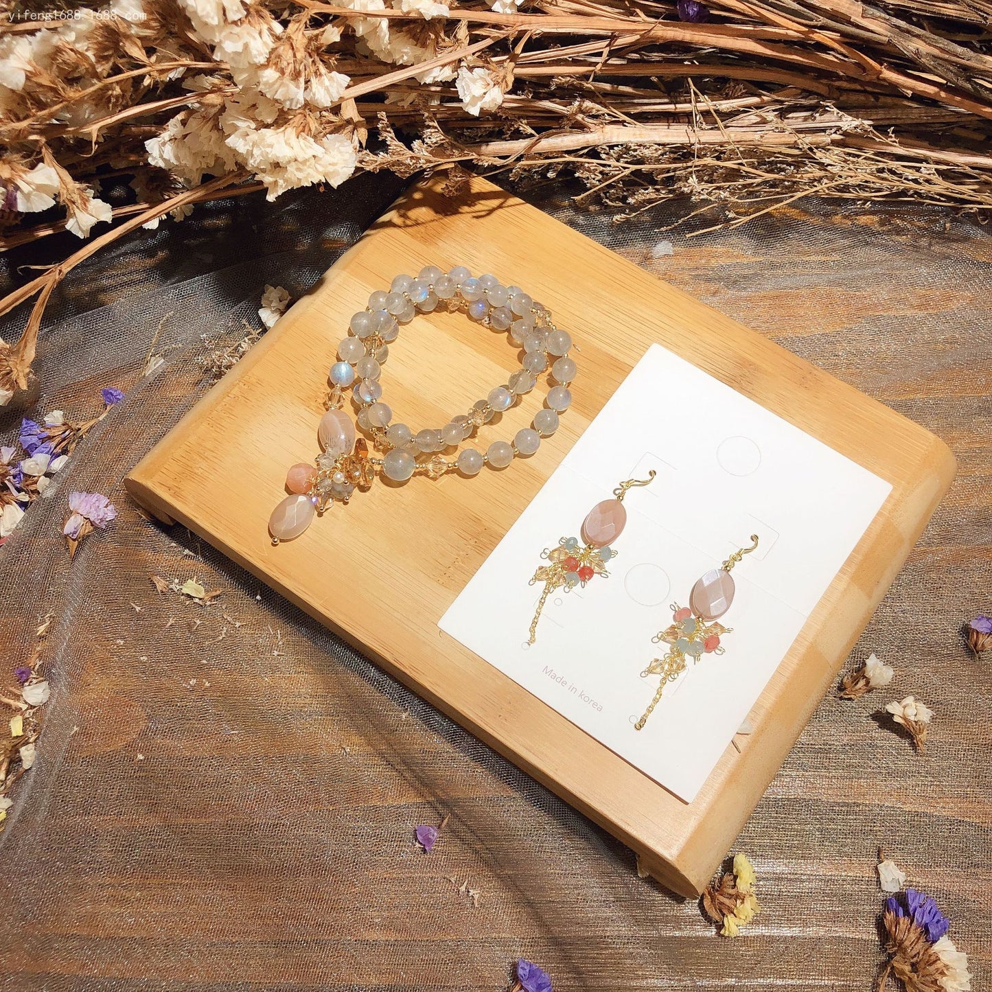 Natural Gray Moon Stone&Austrian Crystal Bracelet Earrings Set