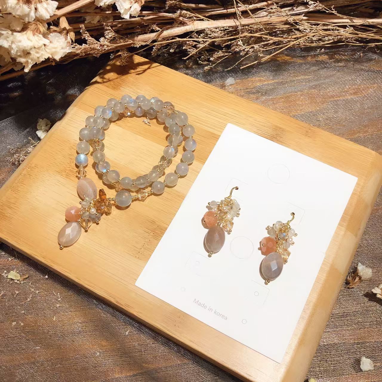 Natural Gray Moon Stone&Austrian Crystal Bracelet Earrings Set