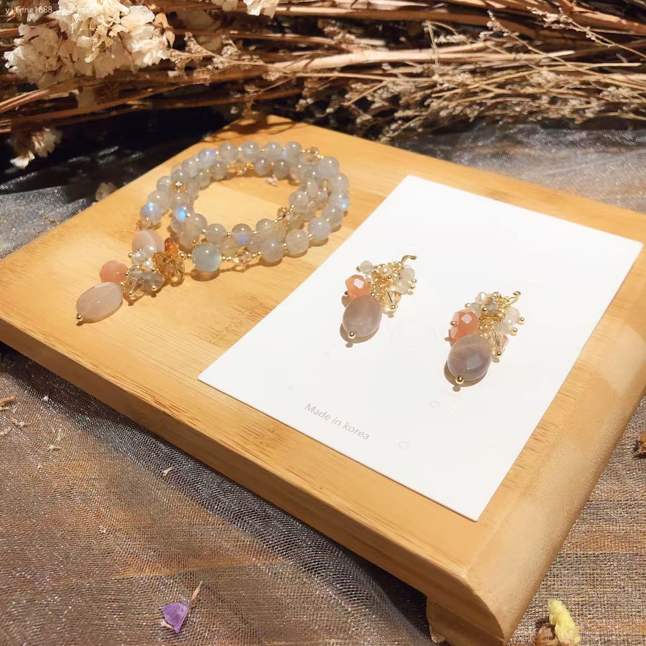 Natural Gray Moon Stone&Austrian Crystal Bracelet Earrings Set