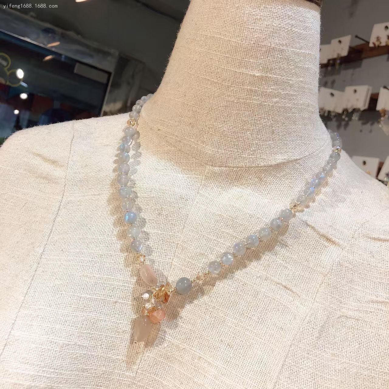 Natural Gray Moon Stone&Austrian Crystal Bracelet Earrings Set