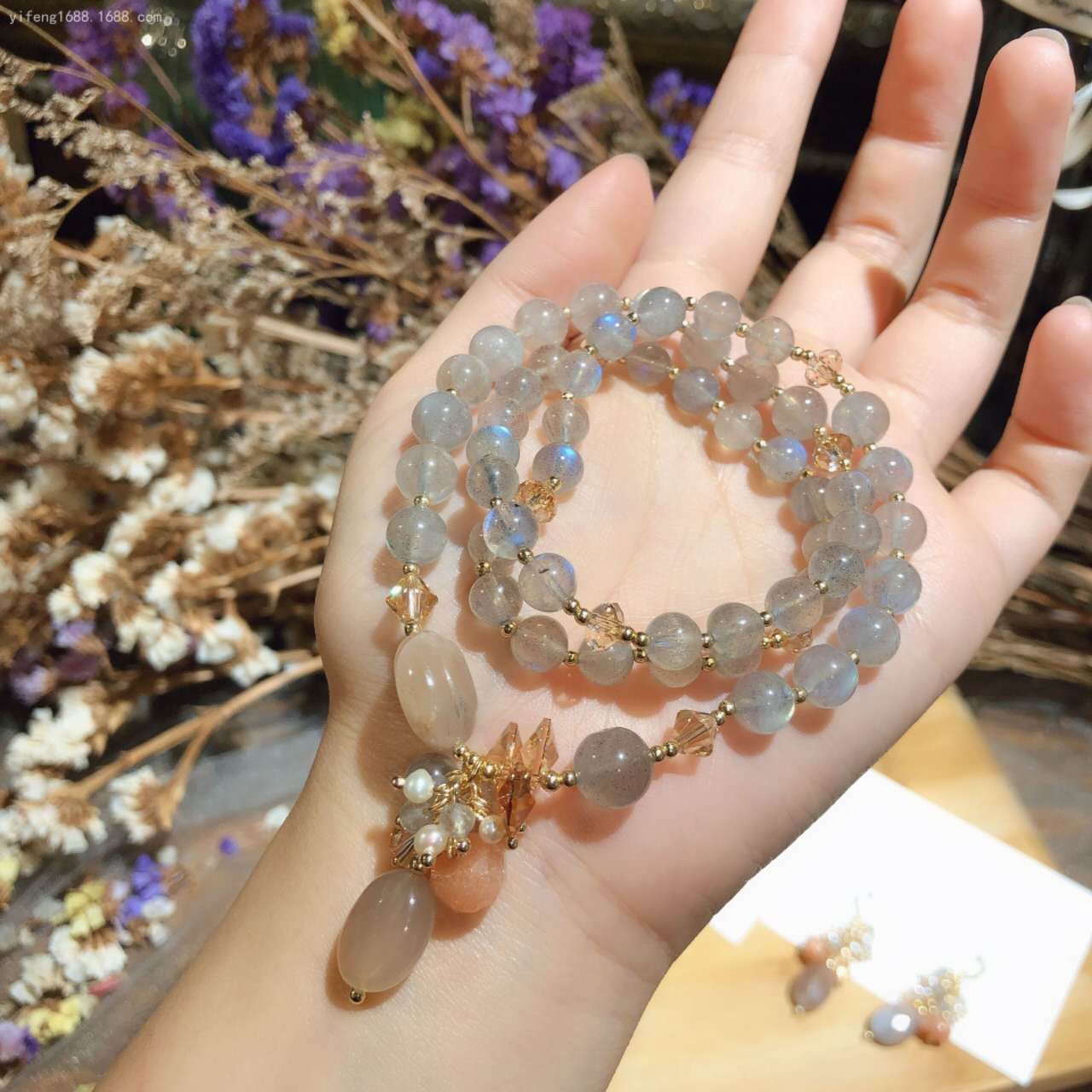 Natural Gray Moon Stone&Austrian Crystal Bracelet Earrings Set