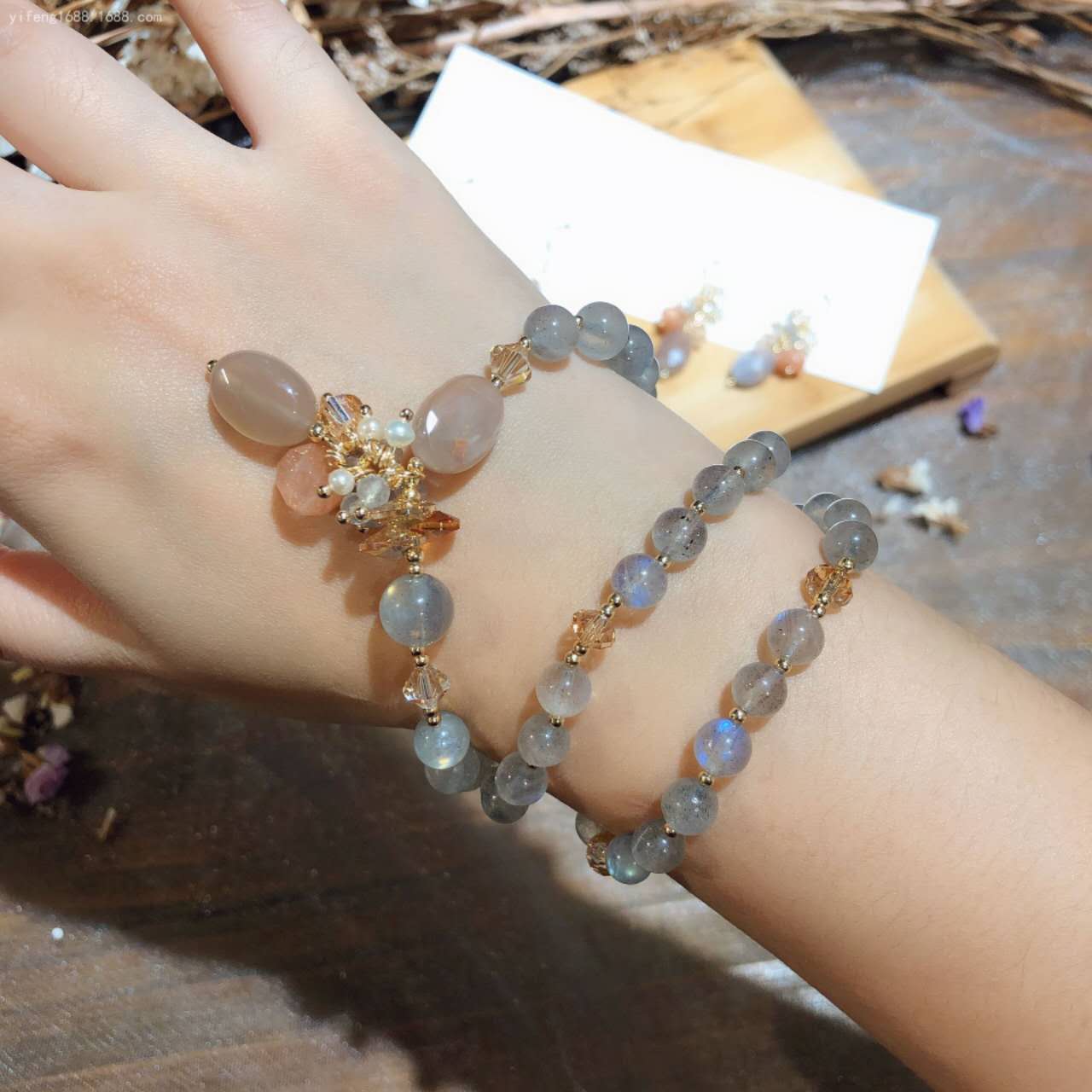 Natural Gray Moon Stone&Austrian Crystal Bracelet Earrings Set