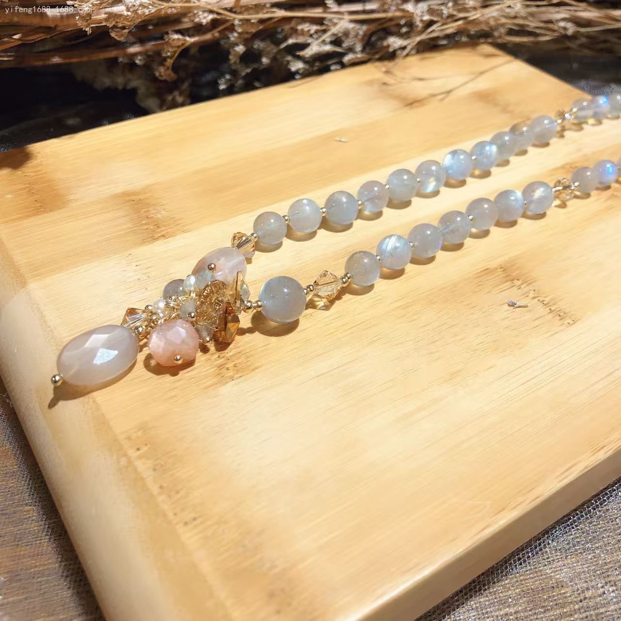 Natural Gray Moon Stone&Austrian Crystal Bracelet Earrings Set