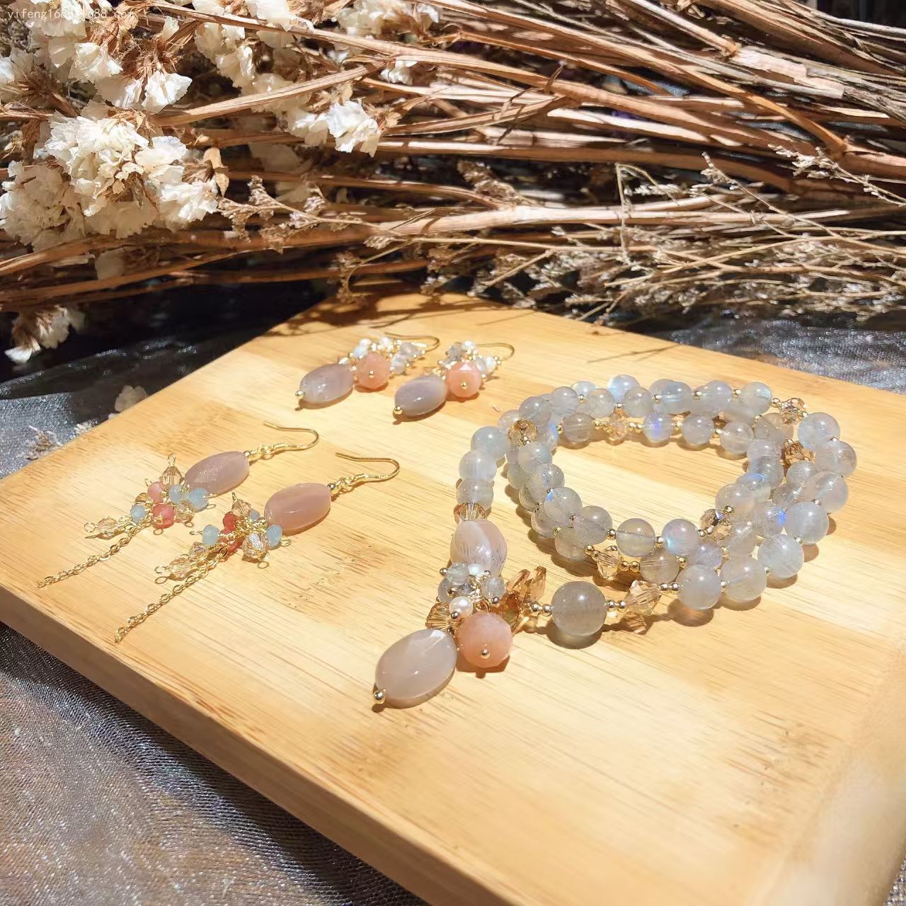 Natural Gray Moon Stone&Austrian Crystal Bracelet Earrings Set