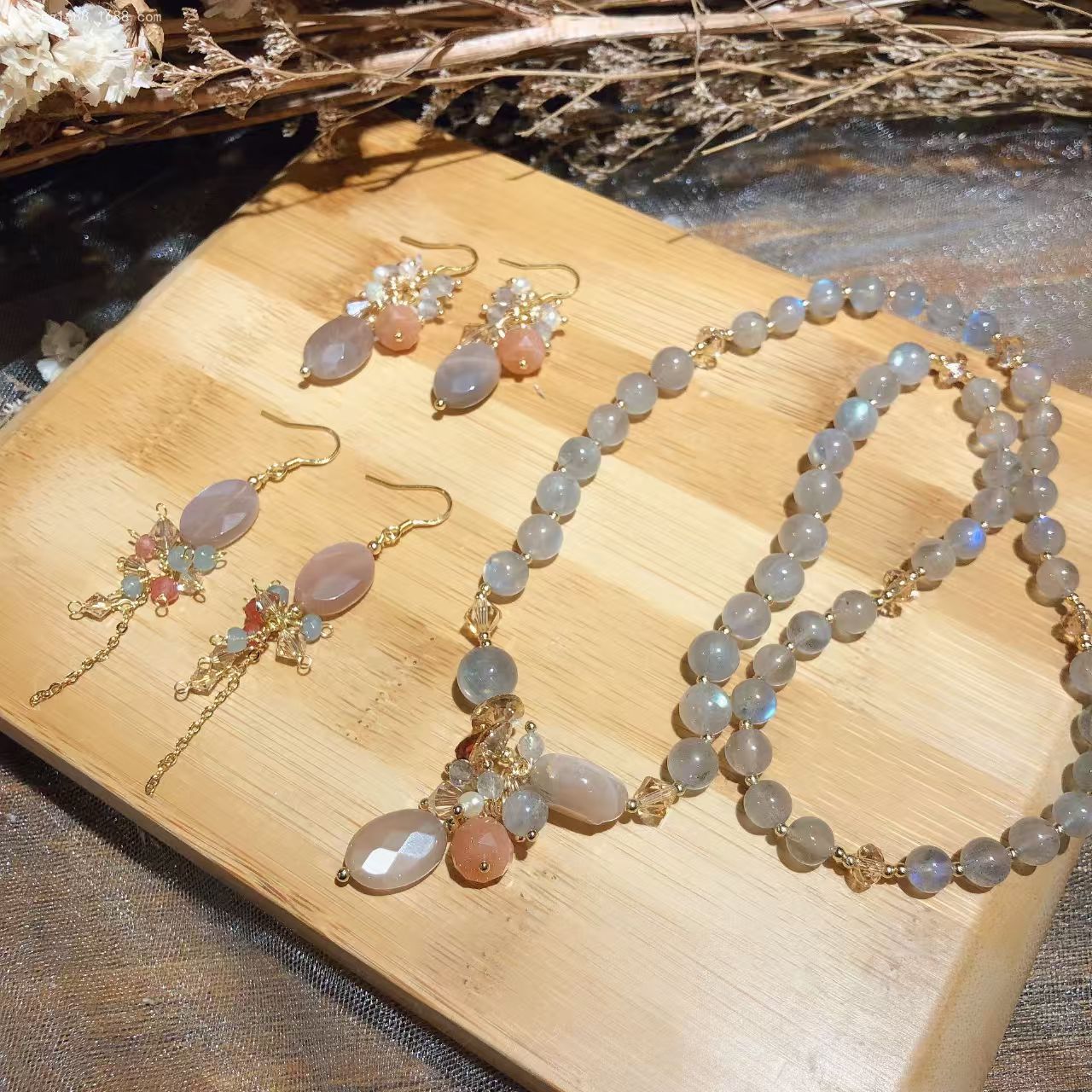 Natural Gray Moon Stone&Austrian Crystal Bracelet Earrings Set