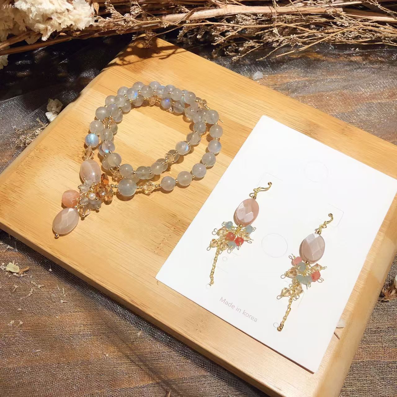 Natural Gray Moon Stone&Austrian Crystal Bracelet Earrings Set