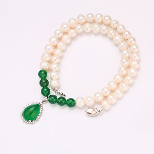 Natural Freshwater Pearl Necklace Set with Silver Carnelian&Chrysoprase Pendant